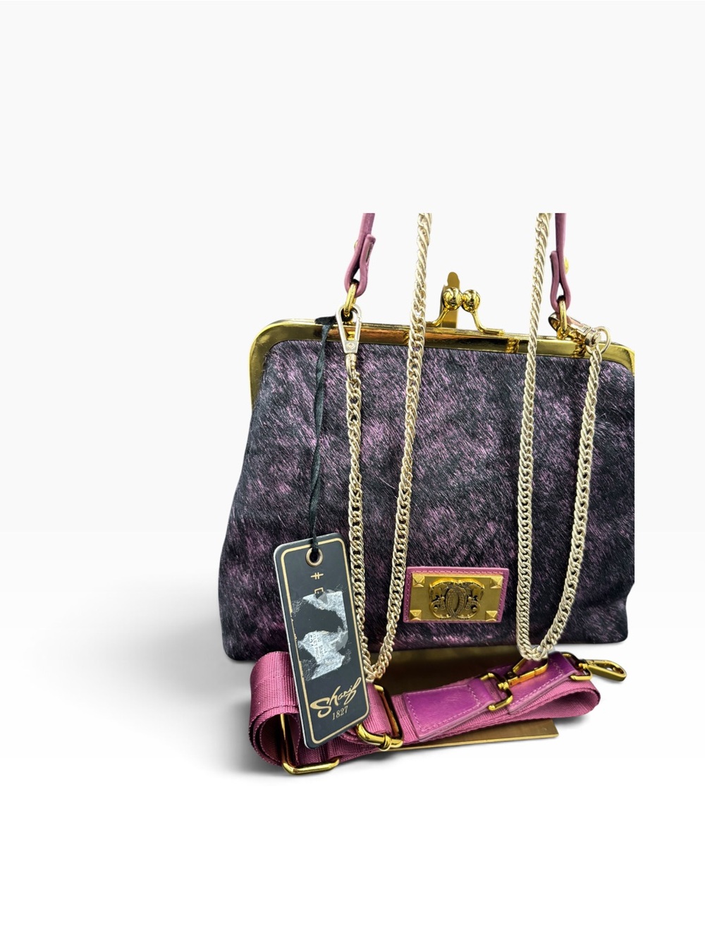 Sharif 1827 Purple Haircalf Kiss Lock Satchel Crossbody Bag Pink Gold - Picture 3 of 7